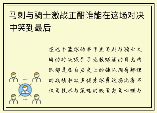 马刺与骑士激战正酣谁能在这场对决中笑到最后
